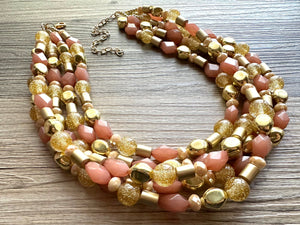 Golden Champagne Bubbles Elegance Extra Chunky Statement Necklace, tan gold beaded jewelry, Multi Strand 5 Bib Necklace, Beaded necklace