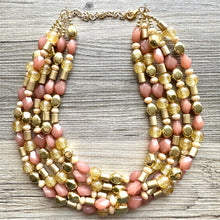 Load image into Gallery viewer, Golden Champagne Bubbles Elegance Extra Chunky Statement Necklace, tan gold beaded jewelry, Multi Strand 5 Bib Necklace, Beaded necklace