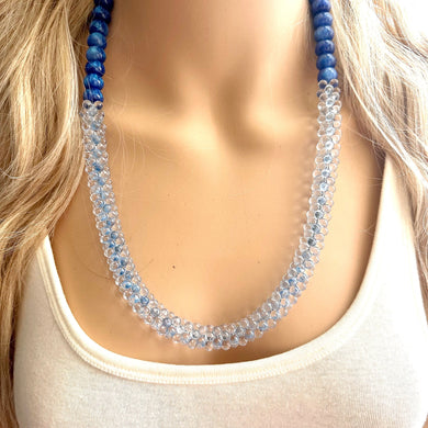 Royal Blue & Aqua Single Strand Statement Necklace, Chunky Beaded Long Jewelry, baby blue jewelry, geometric blue rope necklace silver