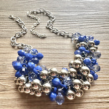 Load image into Gallery viewer, Blue Water Bubble Ombré Silver &amp; Royal Cluster Necklace, Game Day Bridesmaid Jewelry periwinkle dressy necklace beaded statement bib