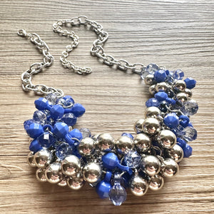 Blue Water Bubble Ombré Silver & Royal Cluster Necklace, Game Day Bridesmaid Jewelry periwinkle dressy necklace beaded statement bib