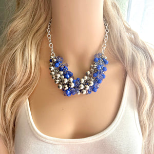 Blue Water Bubble Ombré Silver & Royal Cluster Necklace, Game Day Bridesmaid Jewelry periwinkle dressy necklace beaded statement bib