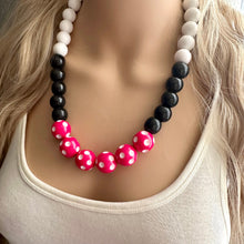 Load image into Gallery viewer, Pink &amp; Black Day at the Park statement necklace, Polka Dot chunky bib necklace, beaded jewelry white neutral single strand jewelry colorful