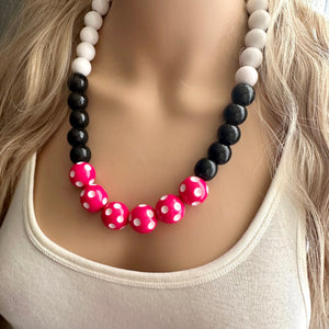 Pink & Black Day at the Park statement necklace, Polka Dot chunky bib necklace, beaded jewelry white neutral single strand jewelry colorful