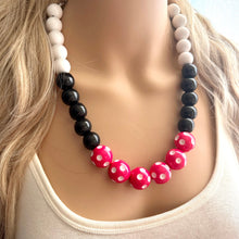 Load image into Gallery viewer, Pink &amp; Black Day at the Park statement necklace, Polka Dot chunky bib necklace, beaded jewelry white neutral single strand jewelry colorful