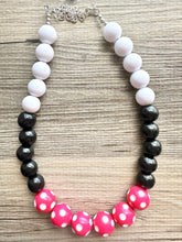 Load image into Gallery viewer, Pink &amp; Black Day at the Park statement necklace, Polka Dot chunky bib necklace, beaded jewelry white neutral single strand jewelry colorful