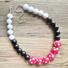 Load image into Gallery viewer, Pink &amp; Black Day at the Park statement necklace, Polka Dot chunky bib necklace, beaded jewelry white neutral single strand jewelry colorful