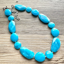 Load image into Gallery viewer, Long Caribbean Statement Necklace, Chunky Beaded Necklace, aqua light blue Jewelry, long necklace, bead Necklace, earrings geometric jewelry