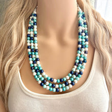 Load image into Gallery viewer, Last One! Robin&#39;s Egg Blue Ombré Pearl layering Statement Necklace, bridesmaid necklace, pearl bib necklace, blue turquoise aqua navy white