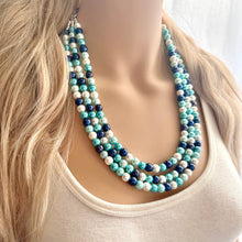 Load image into Gallery viewer, Last One! Robin&#39;s Egg Blue Ombré Pearl layering Statement Necklace, bridesmaid necklace, pearl bib necklace, blue turquoise aqua navy white