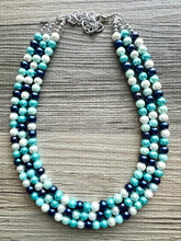 Load image into Gallery viewer, Last One! Robin&#39;s Egg Blue Ombré Pearl layering Statement Necklace, bridesmaid necklace, pearl bib necklace, blue turquoise aqua navy white