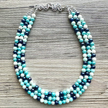 Load image into Gallery viewer, Last One! Robin&#39;s Egg Blue Ombré Pearl layering Statement Necklace, bridesmaid necklace, pearl bib necklace, blue turquoise aqua navy white