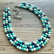 Load image into Gallery viewer, Last One! Robin&#39;s Egg Blue Ombré Pearl layering Statement Necklace, bridesmaid necklace, pearl bib necklace, blue turquoise aqua navy white