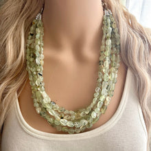 Load image into Gallery viewer, Genuine Green Prehnite Statement Necklace, Chunky 5 Strand Jewelry, silver necklace, thick collar beaded bib glass metal olive gemstone