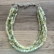 Load image into Gallery viewer, Genuine Green Prehnite Statement Necklace, Chunky 5 Strand Jewelry, silver necklace, thick collar beaded bib glass metal olive gemstone