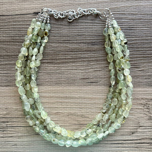 Genuine Green Prehnite Statement Necklace, Chunky 5 Strand Jewelry, silver necklace, thick collar beaded bib glass metal olive gemstone