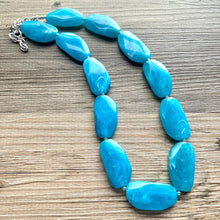 Load image into Gallery viewer, Long Caribbean Statement Necklace, Chunky Beaded Necklace, aqua light blue Jewelry, long necklace, bead Necklace, earrings geometric jewelry