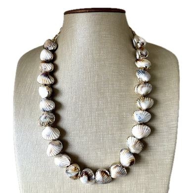 Shell Vacation beaded statement necklace, single strand necklace, gold big bead jewelry, chunky golden dipped shell necklace cream white