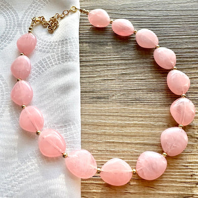 Blush Pink Statement Necklace Jewelry Set, Gold Chunky Jewelry Big Beaded 1 Strand Necklace, light pink Jewelry Set earrings bracelet