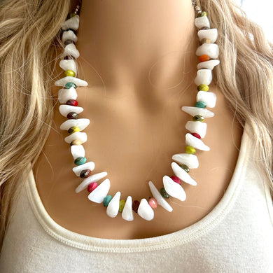 Rainbow & White Chunky Statement Necklace single Strand Beaded jewelry, bridesmaid bib wedding, white bubble necklace resin