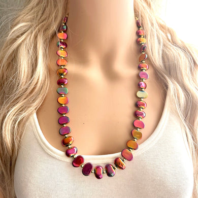 Summer Bonfire Necklace, Long Statement Jewelry, Chunky bib bridesmaid everyday jewelry gold pink orange red metallic OOAK