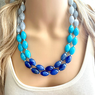 Blue Ombré statement necklace, chunky light blue necklace earrings, royal bib necklace, aqua turquoise jewelry, beaded blue necklace jewelry