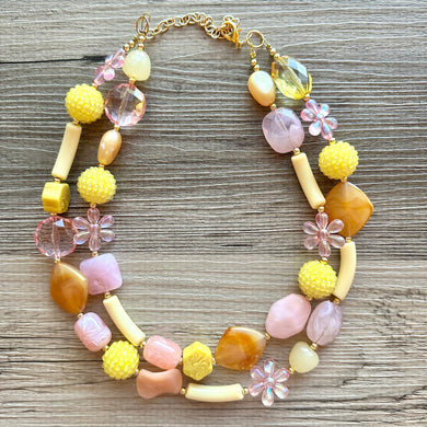 Summer Porch Necklace, multi strand colorful jewelry, big beaded chunky statement necklace, blush pink peach necklace, yellow jewelry