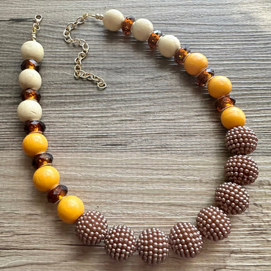 Albuquerque in Fall Chunky Statement Necklace, gold bib necklace, honey brown mustard necklace, geometric chain beaded chocolate brown tan