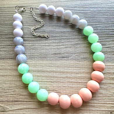 Garden Walk Statement Necklace, Chunky Beaded Jewelry, Spring single strand Necklace, mint green beaded pink white gray bubblegum wood