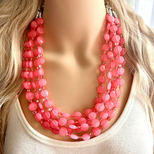 Load image into Gallery viewer, Bubble Pink Statement Necklace, Hot Pink Coral chunky bib beaded jewelry, color block wedding bridesmaid acrylic bib earrings set 5 strand