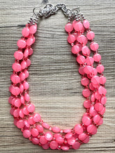 Load image into Gallery viewer, Bubble Pink Statement Necklace, Hot Pink Coral chunky bib beaded jewelry, color block wedding bridesmaid acrylic bib earrings set 5 strand