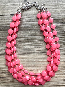 Bubble Pink Statement Necklace, Hot Pink Coral chunky bib beaded jewelry, color block wedding bridesmaid acrylic bib earrings set 5 strand