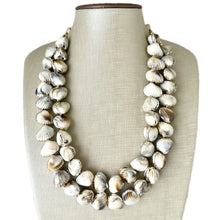Load image into Gallery viewer, Shell Vacation beaded statement necklace, double strand necklace, gold big bead jewelry, chunky golden dipped shell necklace cream white