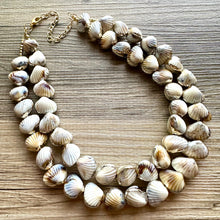 Load image into Gallery viewer, Shell Vacation beaded statement necklace, double strand necklace, gold big bead jewelry, chunky golden dipped shell necklace cream white