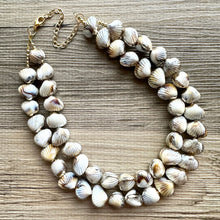 Load image into Gallery viewer, Shell Vacation beaded statement necklace, double strand necklace, gold big bead jewelry, chunky golden dipped shell necklace cream white