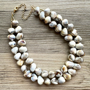 Shell Vacation beaded statement necklace, double strand necklace, gold big bead jewelry, chunky golden dipped shell necklace cream white