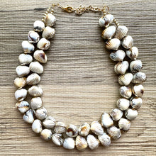 Load image into Gallery viewer, Shell Vacation beaded statement necklace, double strand necklace, gold big bead jewelry, chunky golden dipped shell necklace cream white