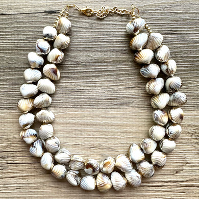 Shell Vacation beaded statement necklace, double strand necklace, gold big bead jewelry, chunky golden dipped shell necklace cream white