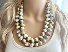 Load image into Gallery viewer, Shell Vacation beaded statement necklace, double strand necklace, gold big bead jewelry, chunky golden dipped shell necklace cream white