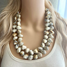 Load image into Gallery viewer, Shell Vacation beaded statement necklace, double strand necklace, gold big bead jewelry, chunky golden dipped shell necklace cream white