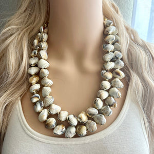 Shell Vacation beaded statement necklace, double strand necklace, gold big bead jewelry, chunky golden dipped shell necklace cream white