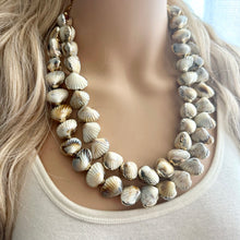 Load image into Gallery viewer, Shell Vacation beaded statement necklace, double strand necklace, gold big bead jewelry, chunky golden dipped shell necklace cream white