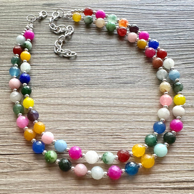 Polished Agate Genuine GemStone Necklace rainbow, silver statement necklace jewelry, long beaded statement layering beaded stone colorful