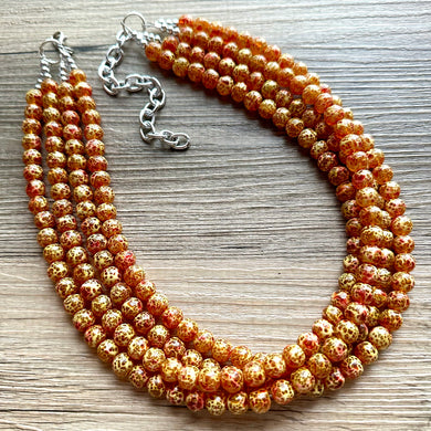 Eternal Volcano OOAK chunky beaded statement necklace, red and orange necklace, 4 strand jewelry, beaded yellow vacation necklace