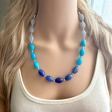 Blue Ombré statement necklace, 1 strand chunky light blue necklace earrings, royal bib necklace, aqua turquoise jewelry, beaded blue