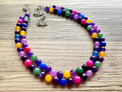 Polished Agate Genuine GemStone Necklace rainbow, silver statement necklace jewelry, long beaded statement layering beaded stone colorful