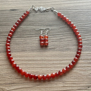 Frosted Cranberry Chunky 1 Strand Statement Necklace, fall necklace, red jewelry, dark red necklace, maroon ball beaded, red earrings glass