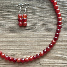 Load image into Gallery viewer, Frosted Cranberry Chunky 1 Strand Statement Necklace, fall necklace, red jewelry, dark red necklace, maroon ball beaded, red earrings glass