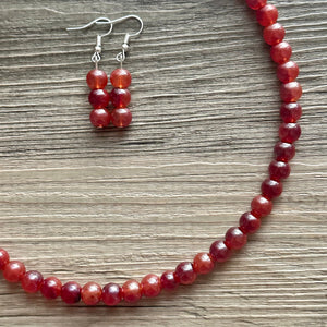 Frosted Cranberry Chunky 1 Strand Statement Necklace, fall necklace, red jewelry, dark red necklace, maroon ball beaded, red earrings glass
