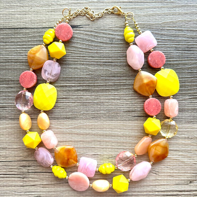 Summer Strawberry Lemonade Necklace, multi strand colorful jewelry, big beaded chunky statement necklace, blush pink coral yellow jewelry